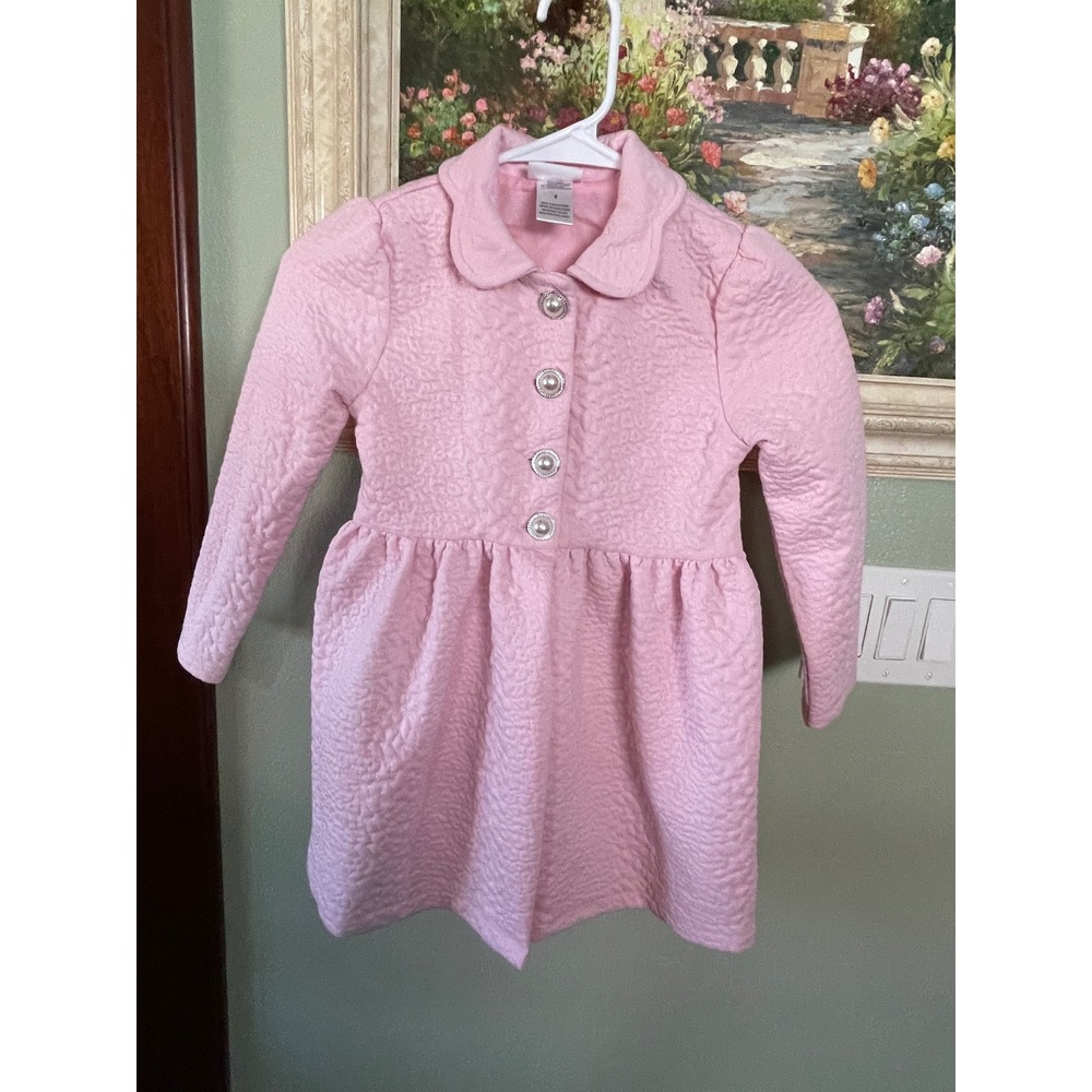 Pink Girl's Little Lass Texture Coat Dress Peter Pan Collar Faux Pearl Button 6